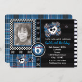Blue Kariert Skull & Crossbones Foto Einladung (Vorne/Hinten)