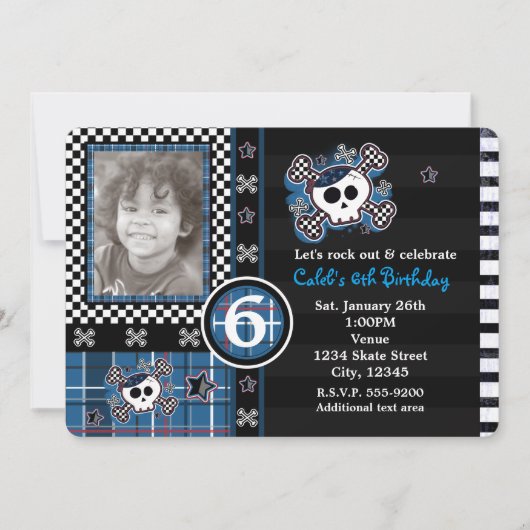 Blue Kariert Skull & Crossbones Foto Einladung (Vorderseite)