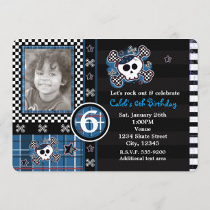 Blue Kariert Skull & Crossbones Foto Einladung