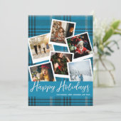 Blue Kariert Sofort Multi Foto Happy Holidays Card (Stehend Vorderseite)