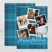 Blue Kariert Sofort Multi Foto Happy Holidays Card (Vorne/Hinten)