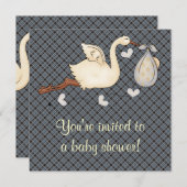 Blue Kariert Stork Baby Boy Dusche Einladung (Vorne/Hinten)