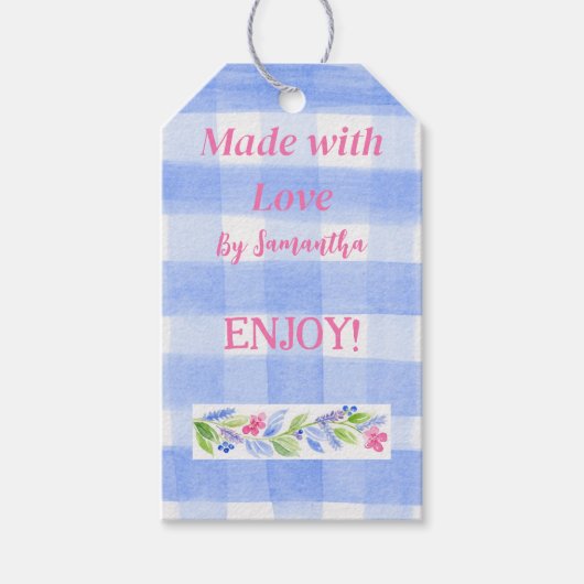 Blue Karo Gingham Blume GEMÄSS LIEBE ln Geschenkanhänger (Vorderseite)