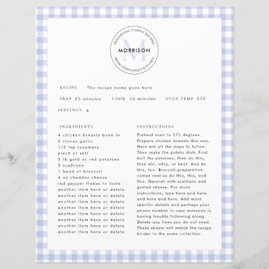 Blue Karo Gingham Monogram Family Rezept Sheet (Vorderseite)