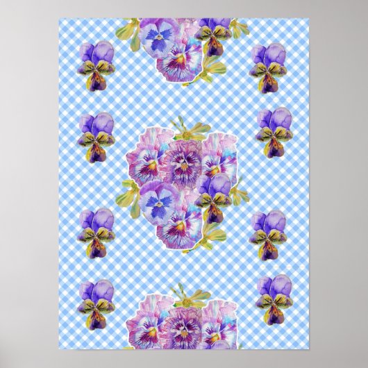 Blue Karo Pansy Blume Blume Shabby Chic Poster (Vorne)