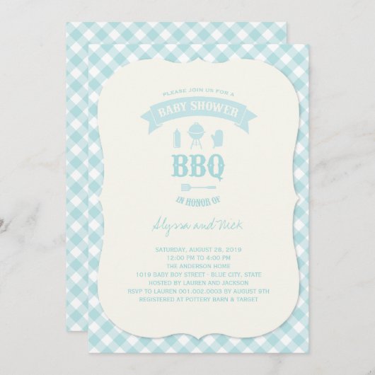 Blue Karos GRILLEN Boy Baby Dusche Summer Party Einladung (Vorne/Hinten)