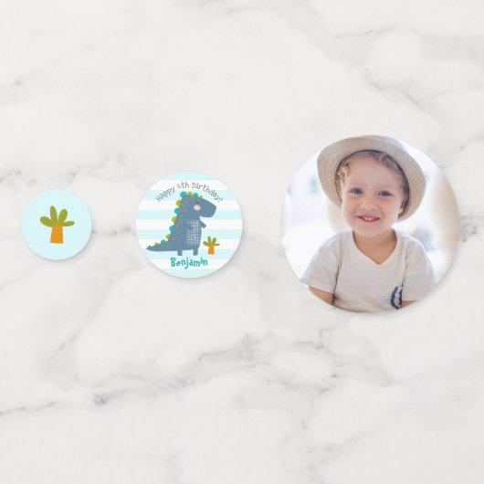 Blue Kawaii Dinosaur Boy Birthday Foto Name Niedli Konfetti (Vorderseiten)