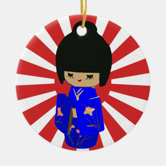 Blue Kawaii Kokeshi Doll Single auf der Seite des Keramikornament (Vorne)