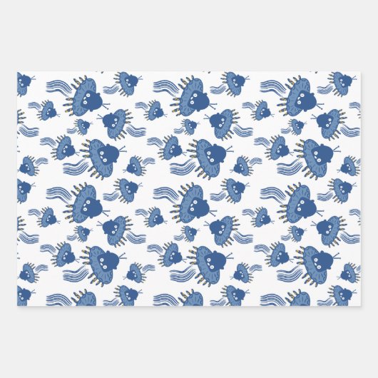 Blue Kawaii Octopus UFO Geschenkpapier Set (Vorderseite)