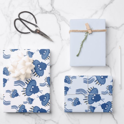 Blue Kawaii Octopus UFO Geschenkpapier Set (Vorderseite)