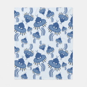 Blue Kawaii Octopus UFO Muster Fleecedecke