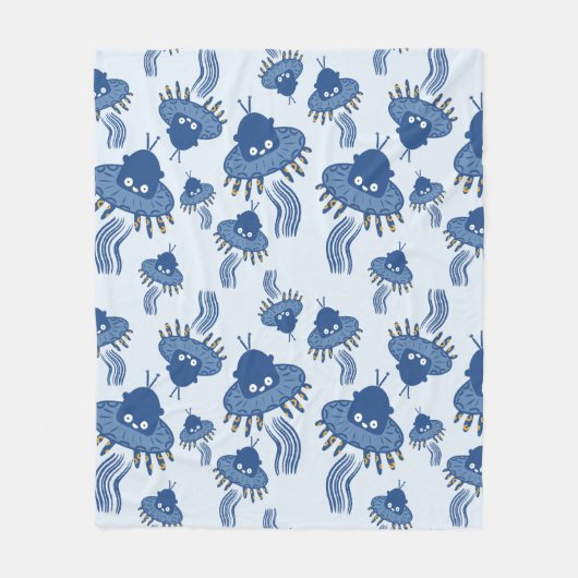Blue Kawaii Octopus UFO Muster Fleecedecke (Vorderseite)