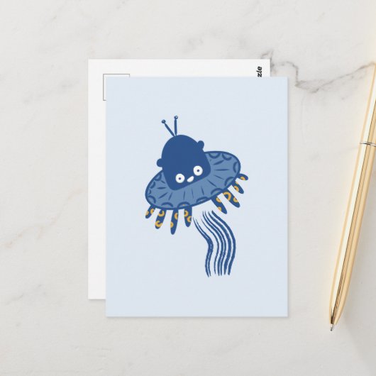 Blue Kawaii Octopus UFO Postkarte (Vorderseite/Rückseite Beispiel)