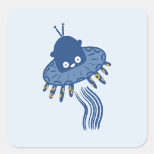 Blue Kawaii Octopus UFO Quadratischer Aufkleber