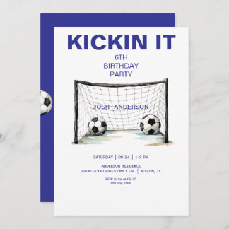 Blue Kickin it Soccer Birthday Party Einladung