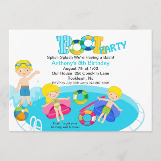 Blue Kids Pool Party Geburtstag Einladung