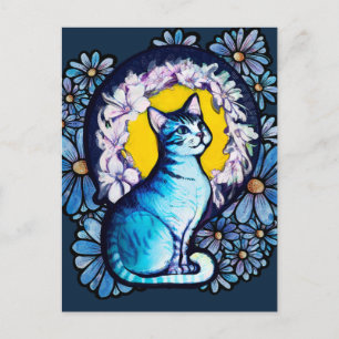 Blue Kitty Cat Halo Mucha Style Floral Postkarte