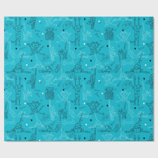 Blue Kitty Kat Antics Geschenkpapier (Flach)