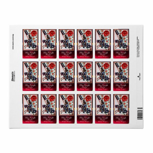 BLUE KNIGHT HORSEBACK WEINETIKETT ,RED WAX SIEGEL ADRESSAUFKLEBER (Vorne)