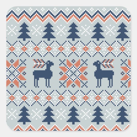 Blue Knited Weihnachts Sweater Rentier Muster Quadratischer Aufkleber (Vorderseite)