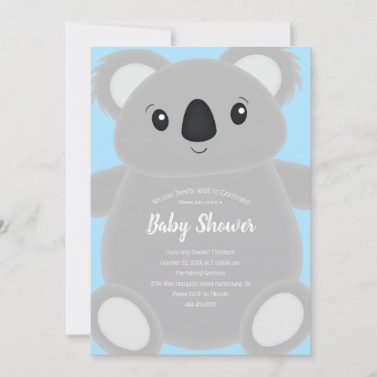 Blue Koala Bear Baby Dusche Einladung (Vorderseite)