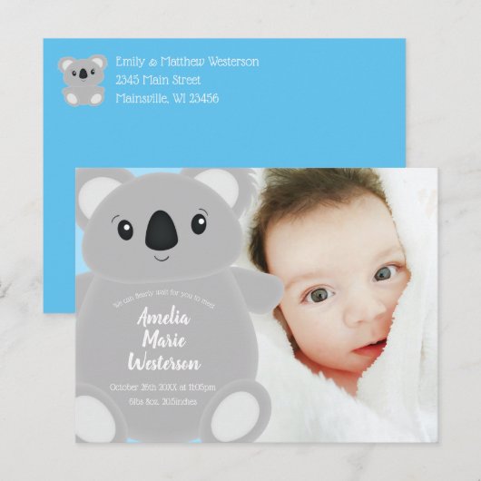 Blue Koala Bear Baby Dusche Postkarte (Vorne/Hinten)