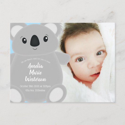 Blue Koala Bear Baby Dusche Postkarte (Vorderseite)