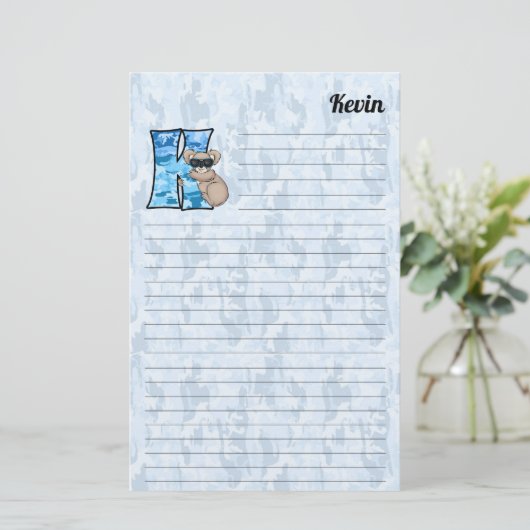 Blue Koala Mongram Letter K Lined Briefpapier (Stehend Vorderseite)