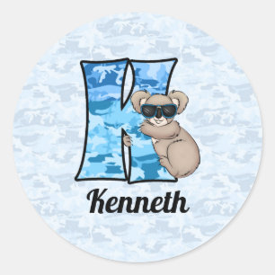 Blue Koala Monogram Letter K mit Name Runder Aufkleber
