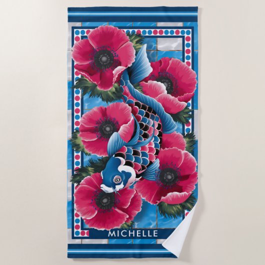 Blue Koi Fish & Pink Blume Pool Custom Strandtuch (Vorderseite)