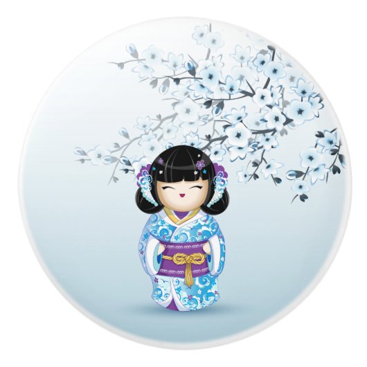Blue Kokeshi Doll Cherry Blossom Keramik Knob Keramikknauf (Vorderseite)