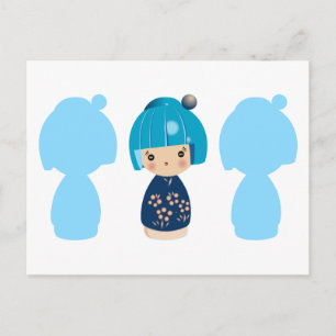 Blue Kokeshi Triplet x3 Postcard Postkarte