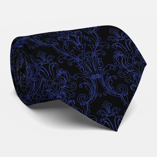 Blue Kontur Black Damask Wedding Krawatte (Gerollt)