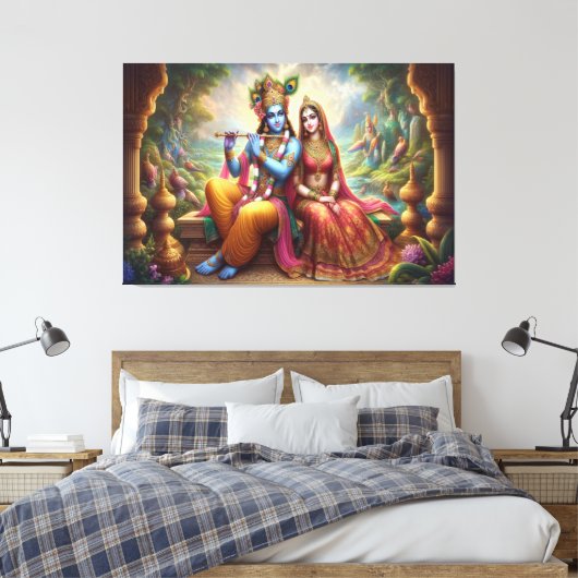 Blue Krishna Art: Radha & Deity Flute, indischer G Leinwanddruck (Insitu (Schlafzimmer))
