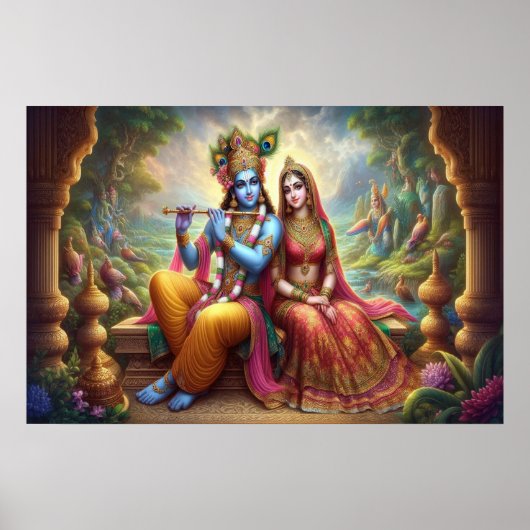 Blue Krishna Art: Radha & Deity Flute, indischer G Poster (Vorne)