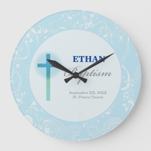 Blue Lace Boy Baptism Große Wanduhr (Vorderseite)