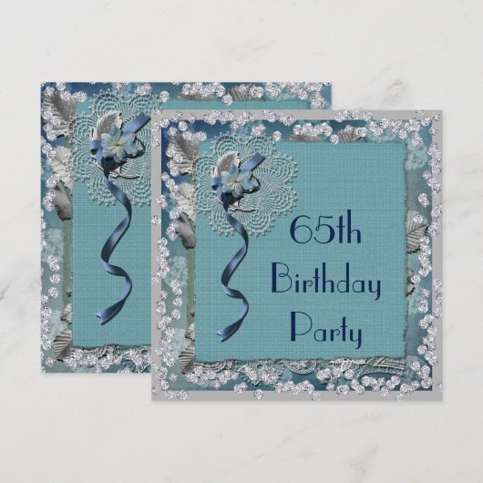 Blue Lace & Diamonds 65. Geburtstag Einladung (Vorne/Hinten)