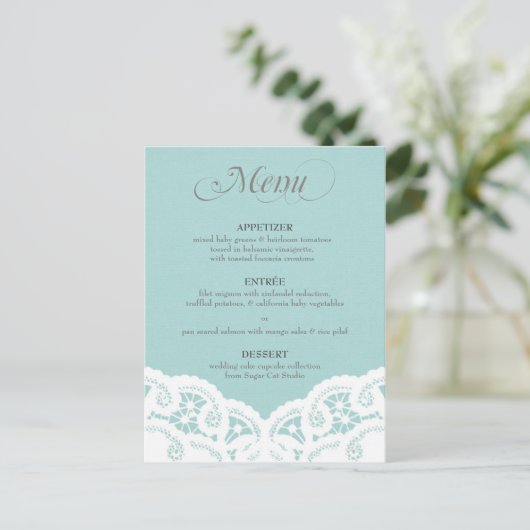 Blue Lace Doily Wedding Menu Postkarte (Stehend Vorderseite)