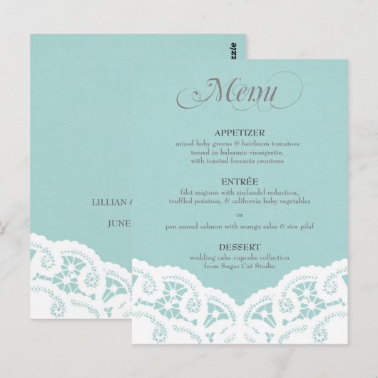 Blue Lace Doily Wedding Menu Postkarte (Vorne/Hinten)
