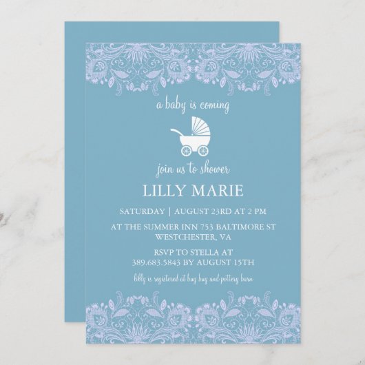 Blue Lace | Einladung zur Kinderdusche (Vorne/Hinten)