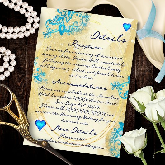 Blue Lace Heart Baroque Gold Mexican Wedding Begleitkarte