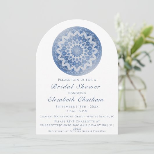Blue Lace Mandala Bridal Shower Einladung (Stehend Vorderseite)