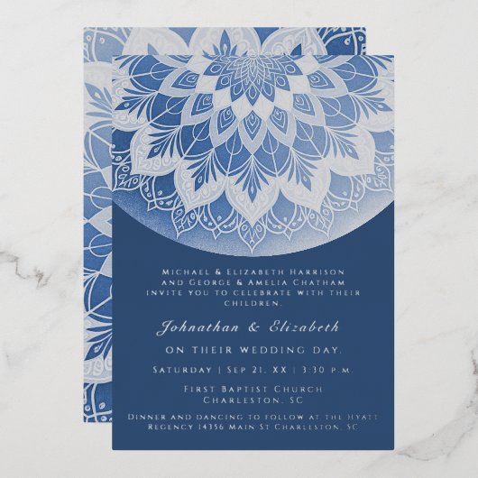 Blue Lace Mandala Wedding Folieneinladung (Vorderseite/Rückseite)
