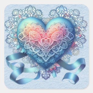 Blue Lace Ribbons Valentine Heart Quadratischer Aufkleber