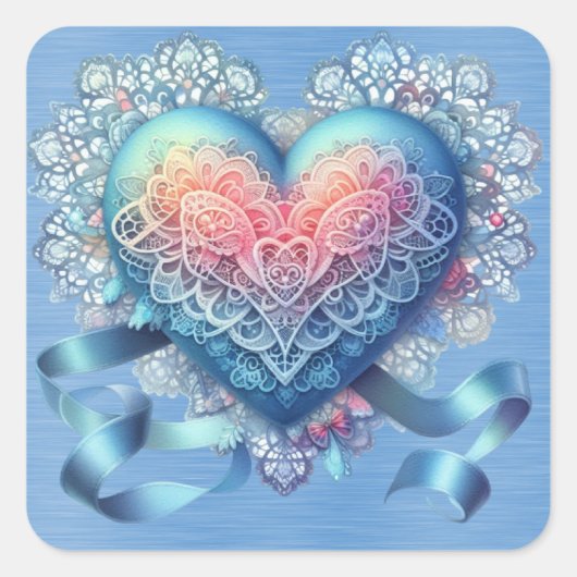 Blue Lace Ribbons Valentine Heart Quadratischer Aufkleber (Vorderseite)