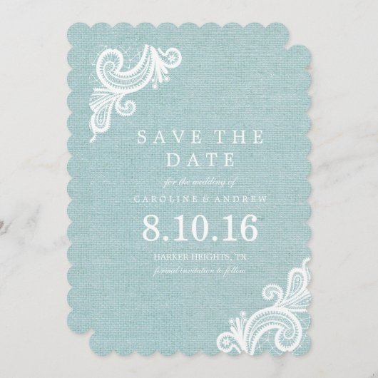 Blue Lace und Burlap Save the Date (Vorne/Hinten)