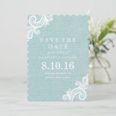 Blue Lace und Burlap Save the Date (Stehend Vorderseite)
