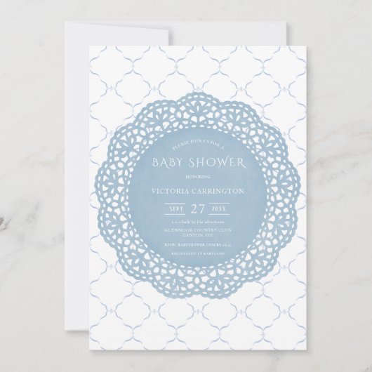 Blue Lace Vintag Baby Dusche Einladung (Vorderseite)