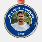 Blue Lacrosse Player Photo High School Christmas Ornament Aus Metall (Vorne)
