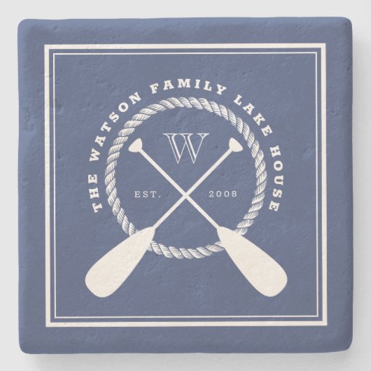 Blue Lake House Monogram Crossed Paddles Steinuntersetzer (Vorderseite)